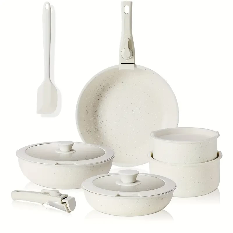 OLIXIS 12 Pcs Pots and Pans Set Nonstick - Kitchen Cookware Set with Detachable Handle, Beige