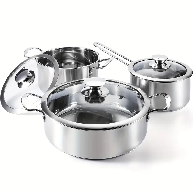 6-Piece Stainless Steel Cookware] 6-Piece pots and pans set, Stainless Steel Cookware Set, Works with Induction, Electric and Gas Cooktops, Oven Safe, Stay-Cool Handle