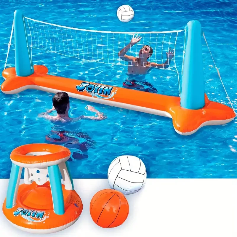 SYNCFUN XL Inflatable Pool Float Set, 125'' Volleyball Net & Basketball Hoops, Extra Large Floating Swimming Game Toy for Youngsters and Adults, Summer Floaties, Volleyball Court|Basketball, XL-Orange