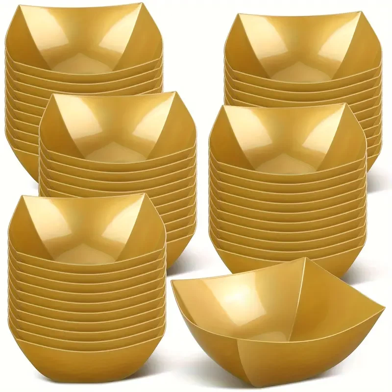 [Golden Disposable Serving Bowls] 50-Pack Golden Disposable Square Plastic Serving Bowls - Outdoor Safe Holiday Themed Containers for Party, Buffet, Taco, Candy Bars, Fruits