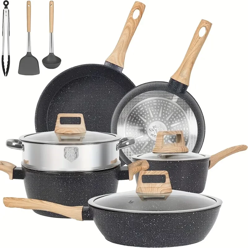 12-Piece Granite Non-Stick Cookware Set - Including Frying Pan, Saucepan, Steamer, Spatula & Tongs - Black - For Home Cooks & Families - Perfect for Everyday Cooking & Gifting