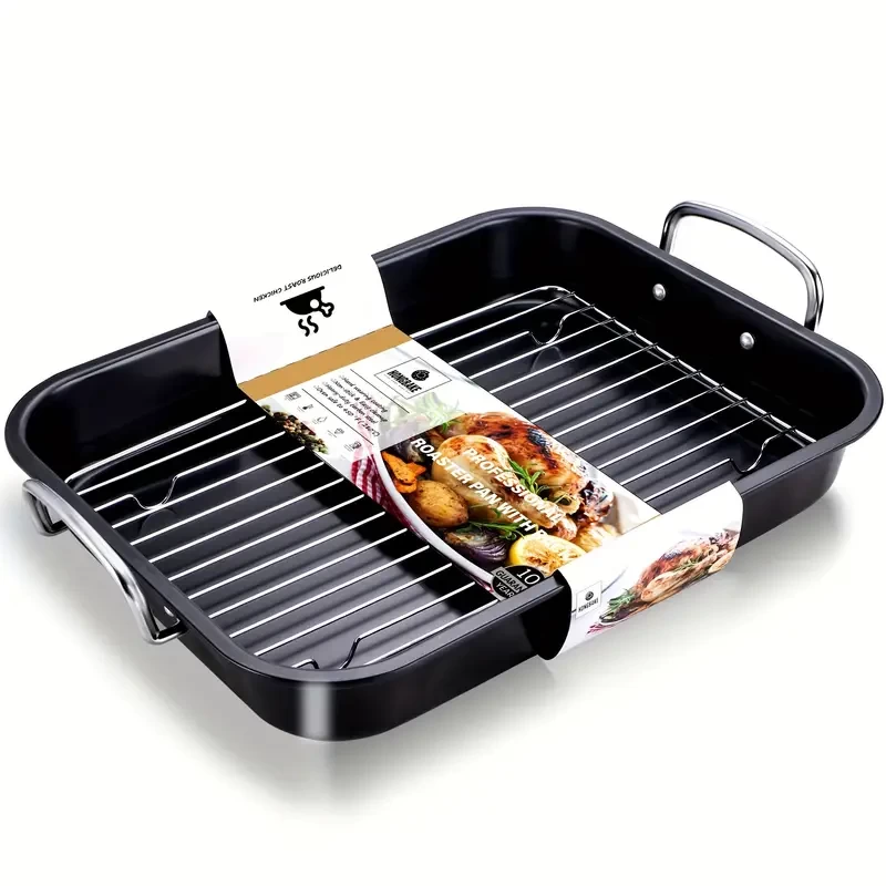 Nonstick Roasting Pan] HONGBAKE Nonstick Small Roasting Pan With Flat Rack | 16 X 11.5 Inch Chicken Roaster Tray, Mini Oven Pans For Cooking Lasagna - Stainless Steel