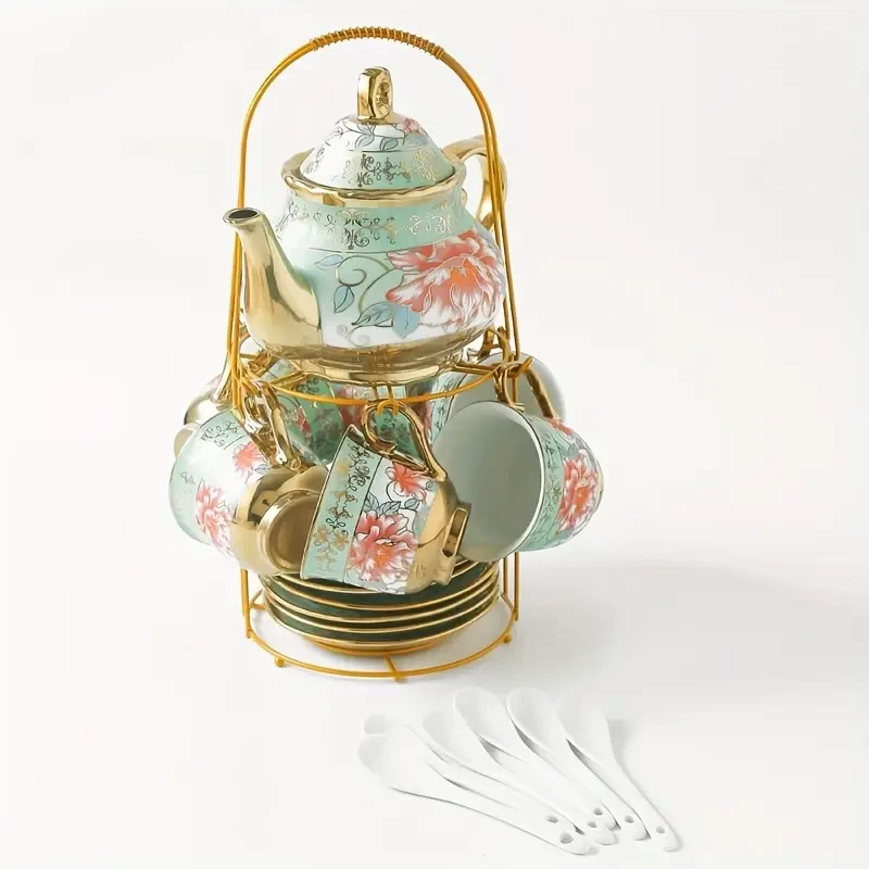 1 Set, 20pcs Elegant Floral Ceramic Tea Set, 23.67oz Teapot And 6.09oz Cups, Floral Ceramic Tea Set with 6 Cups 6 Saucers, 6 Spoons, 1 Teapot And Golden Display Stand, Perfect Gift for Tea Lovers, Caf
