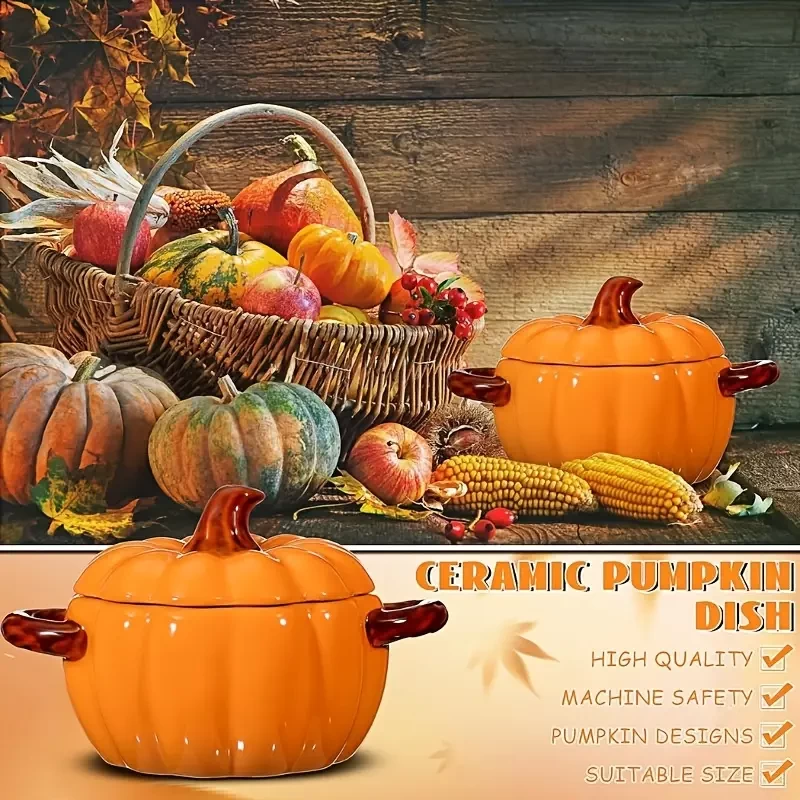 2pcs Pumpkin Bowl Ceramic Pumpkin Dish 17 oz and 54 oz Casserole Cookware Pumpkin Pot for Cooking Cute Safe Oven Pot with Lid Double Ear for Thanksgiving Autumn Fall Baking Halloween (Orange)