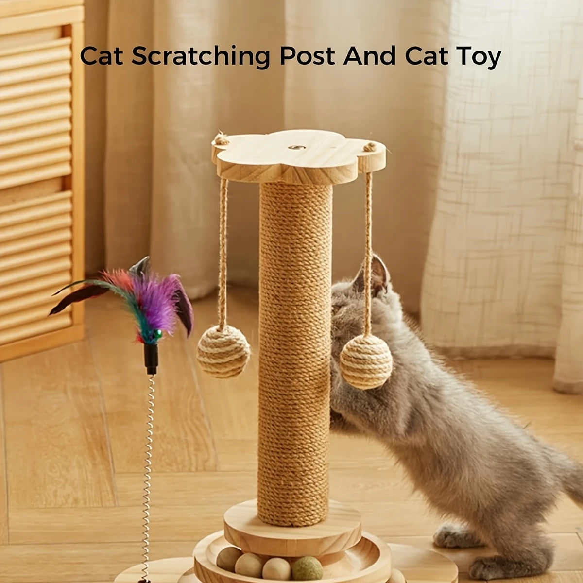 Cat Scratching Post, 4in 1 Wooden Cat Scratcher Toy, 17.7" Tall Scratch Post with 2 Level Cat Track Balls, Interactive Cat Feather Toy And 2 Sisal Hanging Balls for Indoor Kittens, Adult Cats, Christm