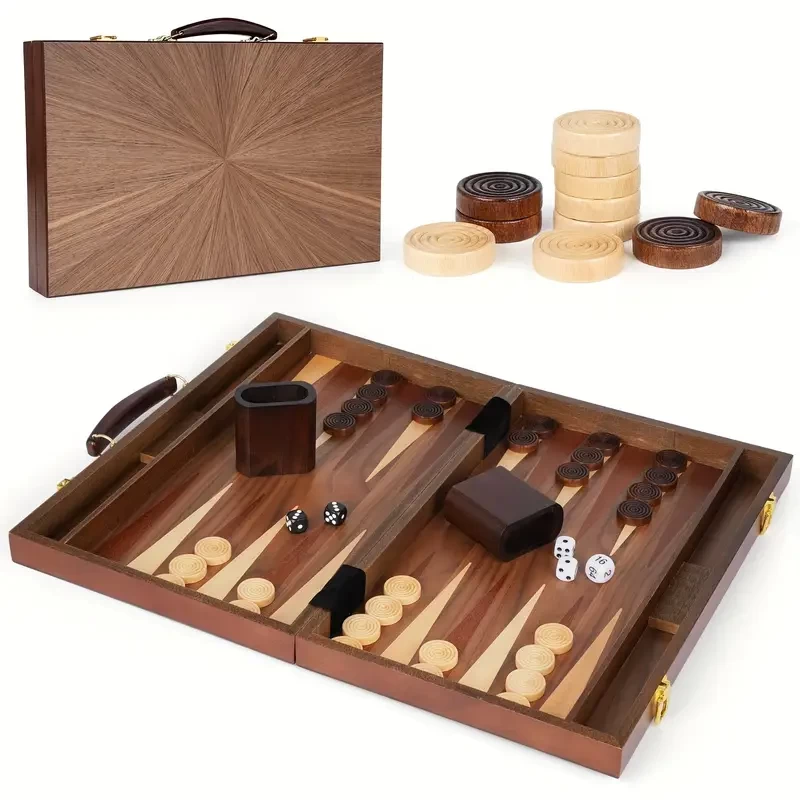 Wooden Backgammon Board Game Set (15 Inches) for Adults Classic Board Strategy Game - Portable And Travel Backgammon Set Family Game Night Vintage Backgammon Strategy Game