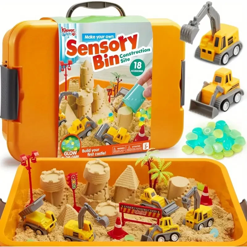 Glow DIY Sensory Bin] Glow in The Dark DIY Construction Sensory Bin for Toddlers | Sandbox with Lid Castle Building kit, Preschool Learning Activities Gifts for Boys Girls Age 3+