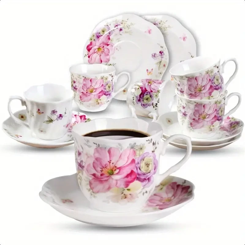 12pcs Tiny Style Espresso Cups and Saucers 2.5 ounce 80ml Set of 6Mini Premium Porcelain Coffee Cup Set Fancy Flower Pattern Design