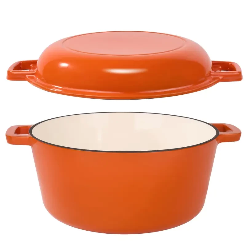 2-in-1 Cast Iron Dutch Oven Pot, Enameled Pots With Lid For Bread Baking, Cooking, Stewing, Heavy-Duty & Nonstick, Oven Safe Up To 500° F, Dual Handles, Works On All