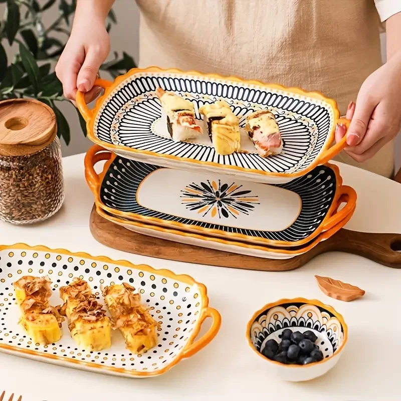 4pcs Double-ear Long Fish Plates, Nordic Style Creative Ceramic Dish Plate, Pasta Plate, Rectangular Plate, Baking Plate, Dinner Plate With Handles, For Home Kitchen Restaurant Hotel, Kitchen Supplies