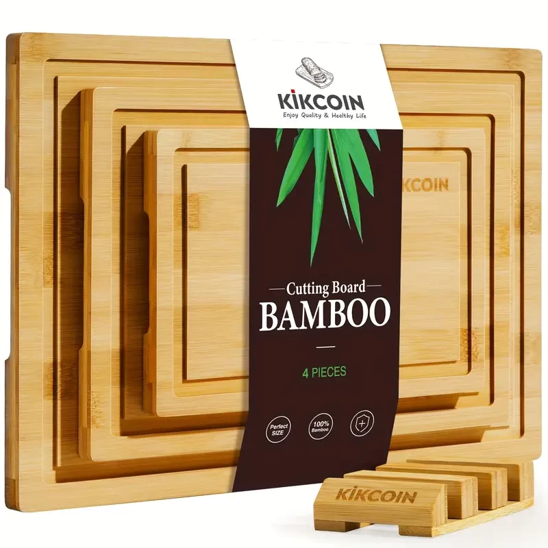 4pcs Oversized Bamboo Cutting Board, Equipped With Cutting Board Rack, Kitchen Gadgets, Juice Groove, Knife Friendly, Invisible Handle, Multifunctional Board, The Best Gift For Family, Friends And Rel
