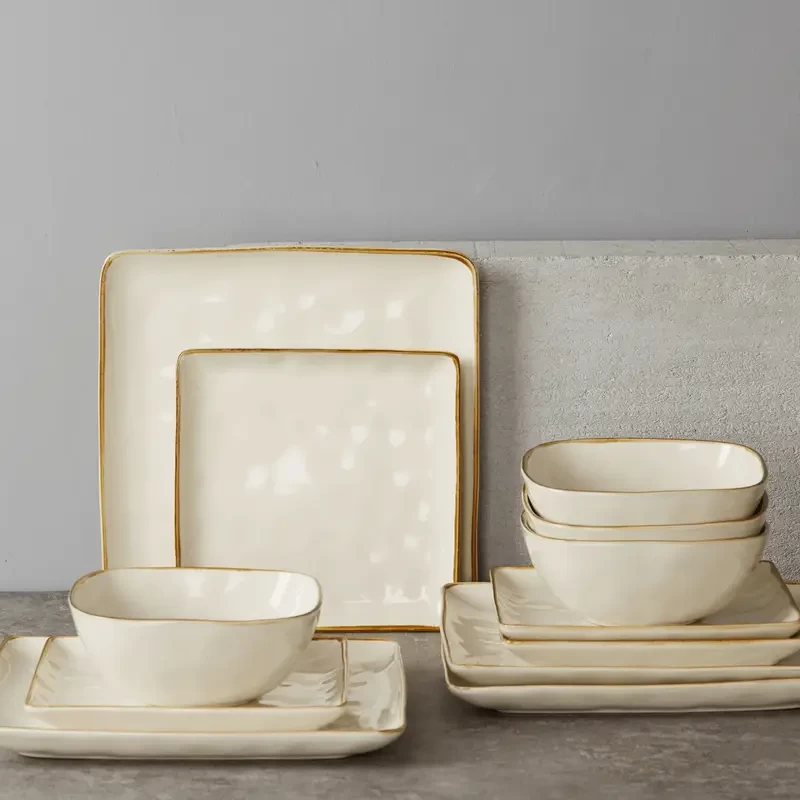 Microwave Safe Dinnerware] 12pcs Microwave And Dishwasher Safe Square Kitchen Plates And Bowls Sets, Dinnerware Sets for 4, Scratch Resistant, White