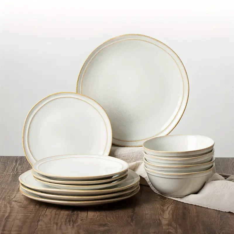 12-Piece Dinnerware Set, Aegean Plates And Bowls Sets For 4, Stoneware Scratch Resistant Dinner Set, Handmade Irregular Round Dishes, Microwave And Dishwasher Safe, Cappuccino White
