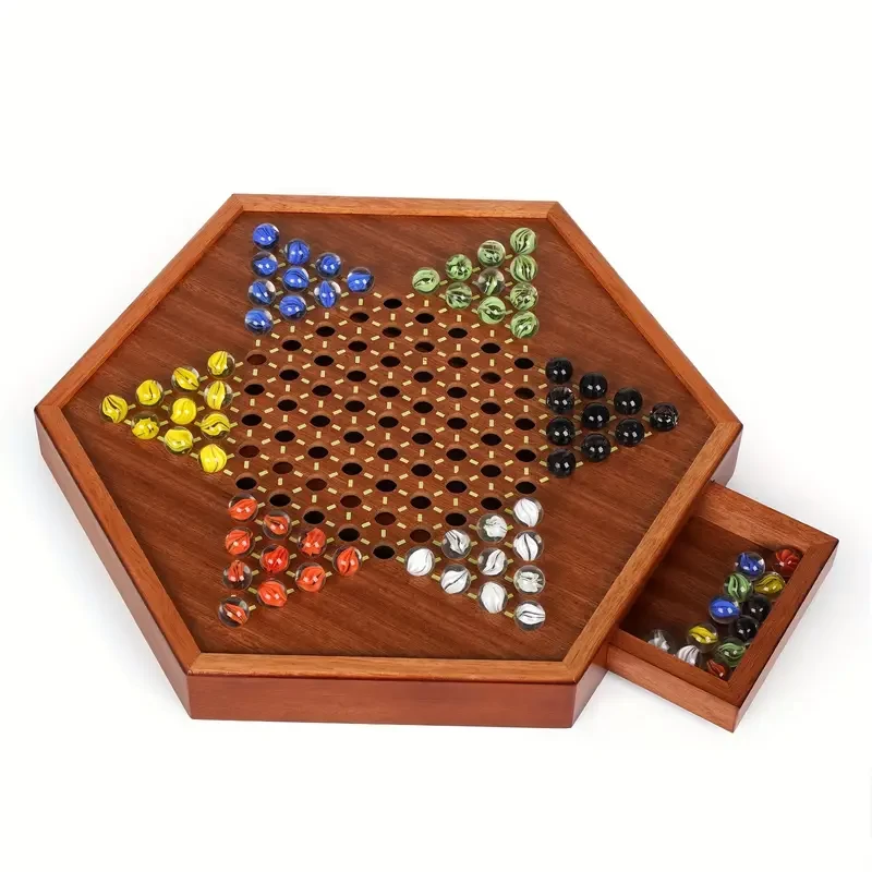 Luxurious Chinese Checkers] Premium 15-Inch Chinese Checkers Set - Luxurious Large Wooden Board Game for Adults with 72 Vibrant Glass Marbles, Dual-Sided Storage Drawer