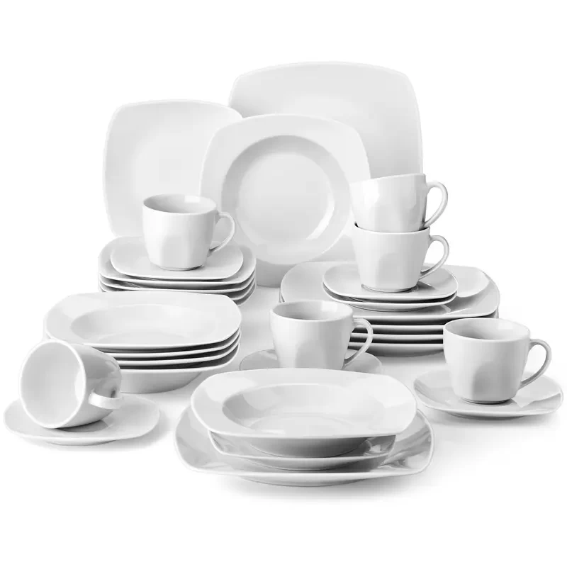 Porcelain Dinnerware Set] 30/18pcs Dinnerware Set - Ivory White Porcelain Plates and Bowls Set for 6 - Home Kitchen Restaurant Hotel Tableware Service