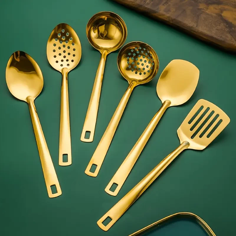 6pcs Stainless Steel Kitchen Utensils Set, Durable Kitchen Utensils, Includes Soup Spoon, Spatula, Whisk, Clip, and Leaky Spoon