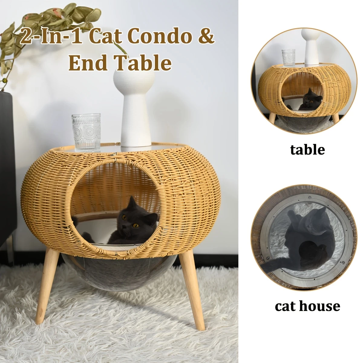 [Transparent Cat Hammock] Transparent Space Capsule Cat Hammock - Versatile All-Season Breathable Rattan Basket Bed With Storage Table For Indoor/Outdoor Use