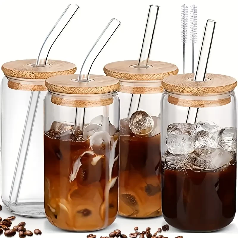[Glass Mug] 4pcs Glass Mug with Lid And Straw 16oz | Glass Drinking Set for Iced Coffee, Milk, Drinks, Juice | Drinking Glasses with Straws And Lids, Glass Canister Coffee Mugs, FREE 2 Brushes!