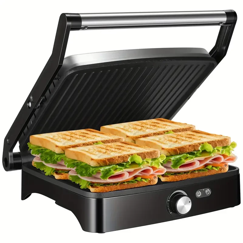 1200W Panini Press Grill & Sandwich Maker, 4-Slice Non-Stick Versatile Grill With Temperature Control, 180° Opening For Larger Foods, Removable Drip Tray, Indoor