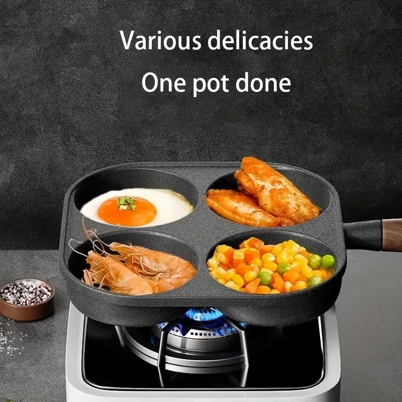 Non-stick Frying Pan] Non-stick 1 4-hole Egg Frying Pan Barbecue Pan - Easy to Clean, with Wooden Handle - Suitable for Gas Stove, Induction Cooker