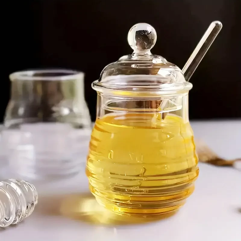 1pc, glass honey jar with spatula and glass lid, heat-resistant honeycomb honey jar, suitable for restaurant/home/cafe to store honey and syrup