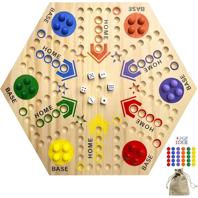 Double-sided Painted Wooden Fast Track Board Game, Two-sided Board Classic Game Design, for 2 to 6 Players, 6 Colors 24 Marbles 6 Dice, Suitable for Family Game Nights, Friends Party (small-medium)