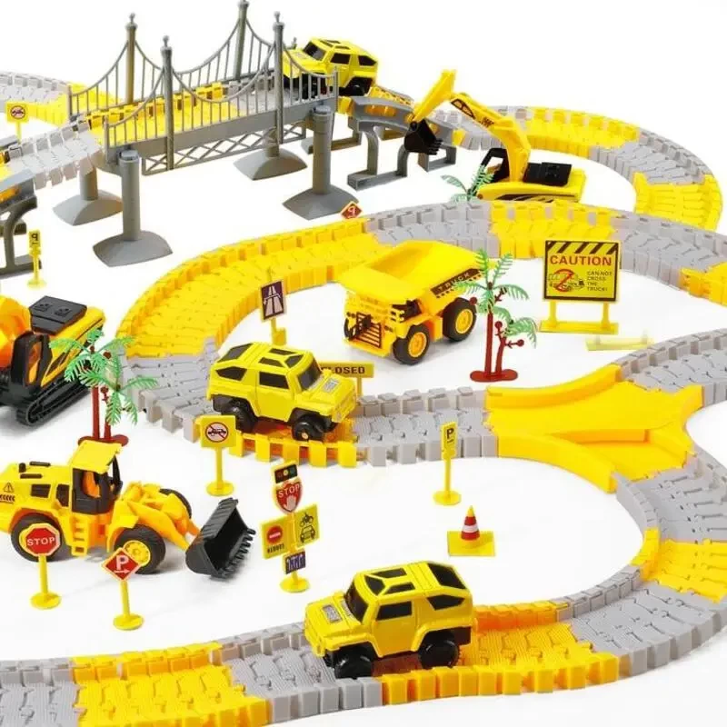 276pcs Boys Construction Race Track Set: Trucks, Cars, and Flexible Engineering Road Playset