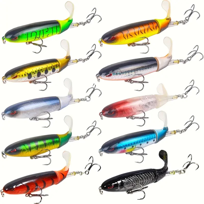 10pcs Whopper Fishing Lure for Bass Popper Top Water Fishing Lures with Floating Rotating Tail Barb Treble Hooks In Saltwater Freshwater Plopping Lures Kit
